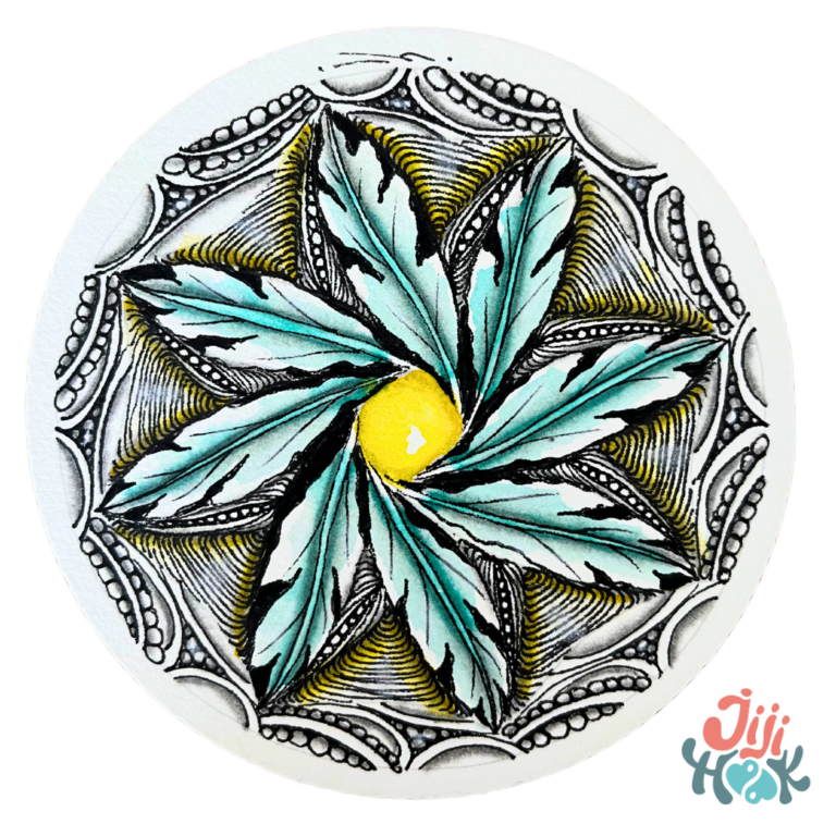 Dessin Zentangle en forme de fleur circulaire avec pétales bleus et jaune au centre, motifs détaillés et shading, inspiration créative Jijihook