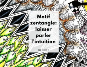 Motif zentangle intuitif coloré, dessin relaxant et méditatif composé de formes répétitives, lignes graphiques et contrastes noir et blanc, favorisant la détente, la créativité et le lâcher-prise par l’art méditatif Zentangle.