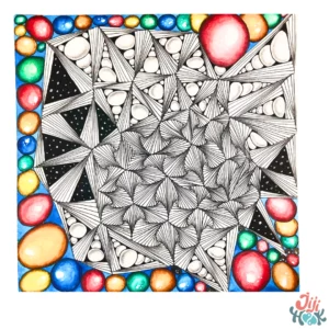 Dessin Zentangle au format Opus (30×30 cm) combinant les motifs Paradox et Tipple, entouré de sphères colorées créant un effet de profondeur.