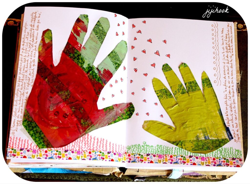 Loisirs créatifs enfants : page d’art journal avec empreintes de mains peintes et petits cœurs, activité créative et bien-être
