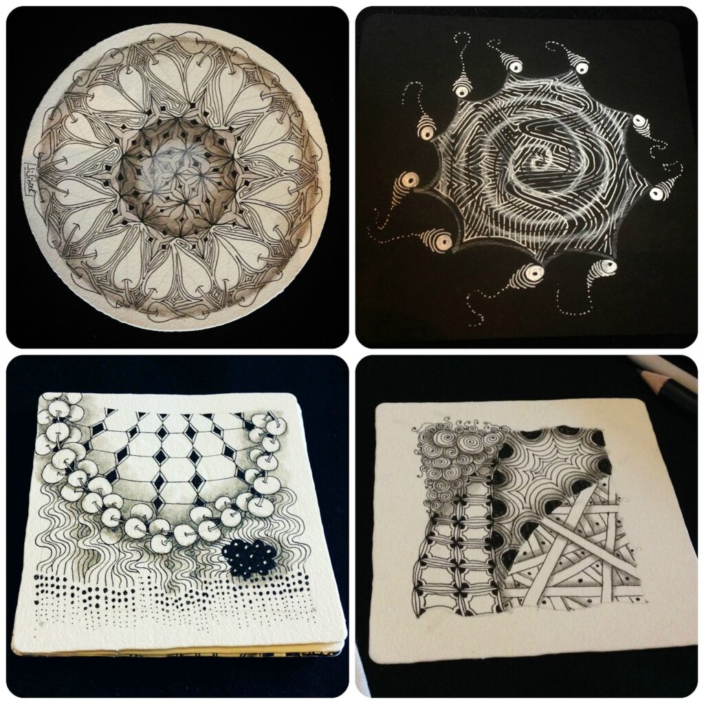 Ensemble de tuiles Zentangle en noir et blanc, aux motifs géométriques et organiques variés, réalisées durant ma certification Zentangle en 2017.