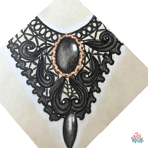 Zentangle dentelle noir inspiré d’un collier ancien, motifs détaillés et dessin répétitif travaillé en finesse