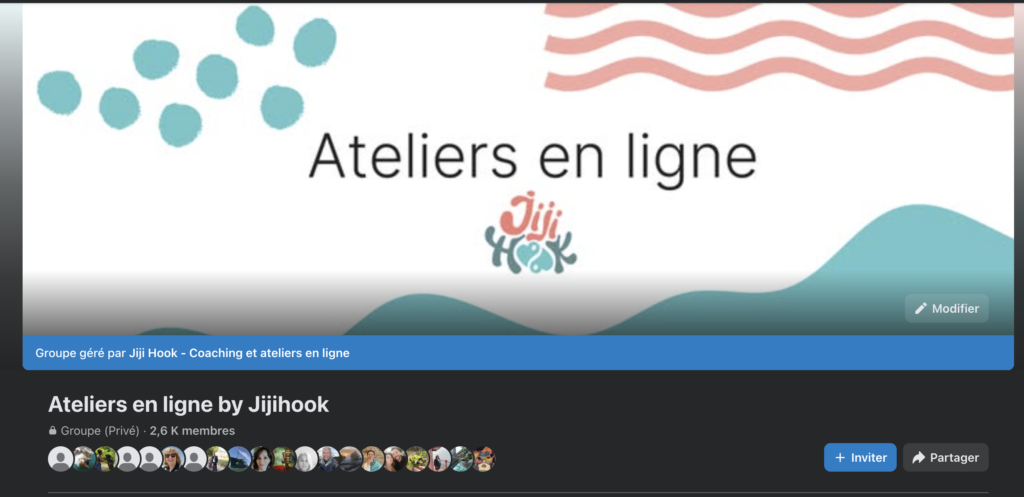 Capture d’écran du groupe Facebook privé « Ateliers en ligne by Jijihook », une communauté de membres participant à des cours créatifs et ateliers Zentangle en ligne.