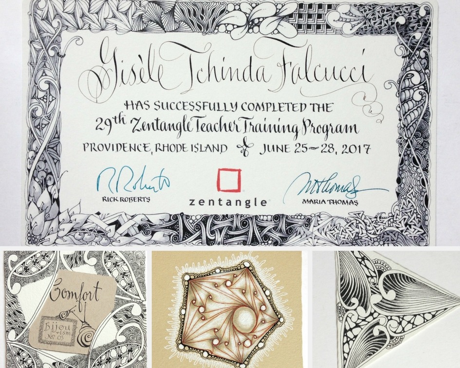 Certificat officiel de formation d’enseignante Zentangle accompagné d’exemples de créations Zentangle réalisées après la certification.