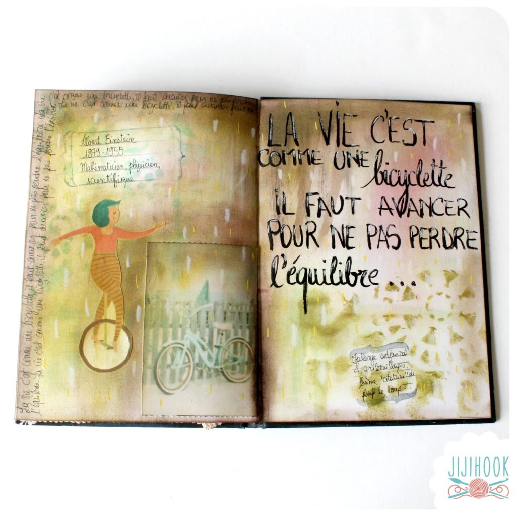 Page d’art journal ouverte avec une illustration et une citation manuscrite, illustrant les débuts créatifs et la découverte du Zentangle.