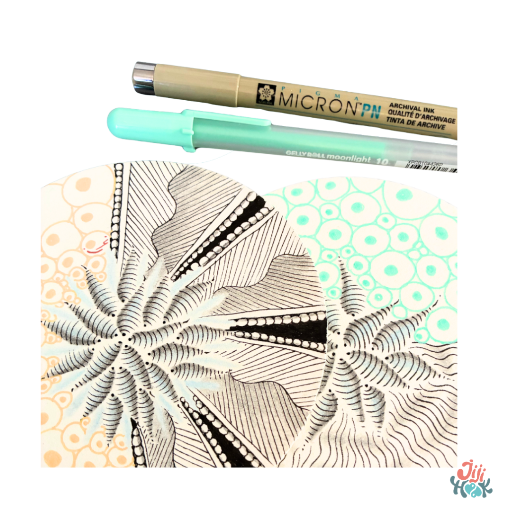 Tile Zentangle réalisée au stylo Pigma Micron PN et Gelly Roll Moonlight, avec motifs entrelacés en noir et blanc et touches de couleur – exemple de dessin relaxant et méditatif