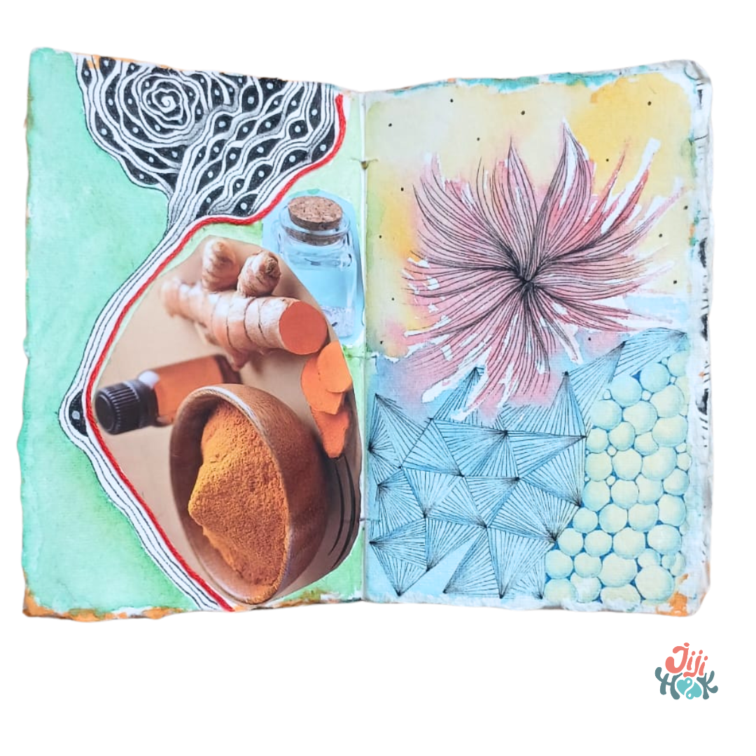 Double page de carnet zentangle en mixed media avec collage photo, motifs zentangle géométriques et floraux sur fond aquarelle bleu et vert