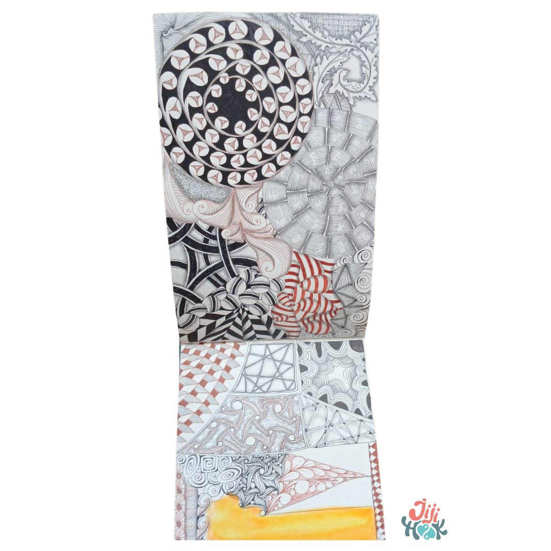 Pages de carnet zentangle avec un grand cercle en spirale noir et blanc, motifs géométriques en rouge et mosaïque de tangles variés