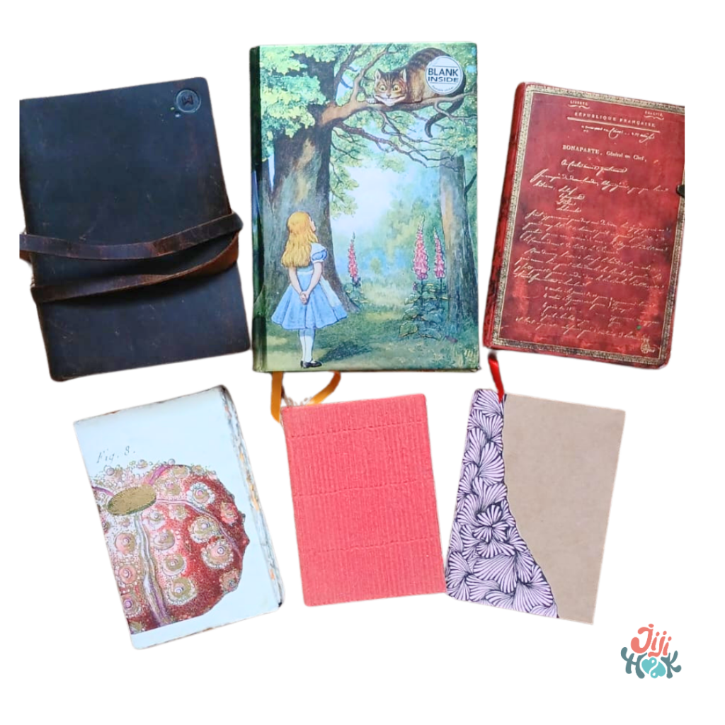 Collection de six carnets de croquis aux couvertures variées pour la pratique zentangle : carnet en cuir, Alice au Pays des Merveilles, Paperblanks, et carnets originaux