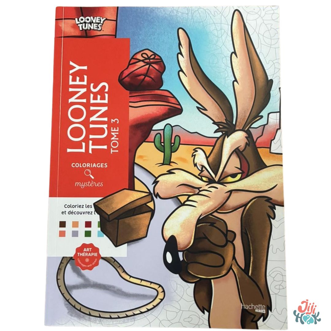 Page de coloriage adulte Looney Tunes avec Bugs Bunny et Elmer Fudd, coloriée aux crayons de couleur – exemple de coloriage anti-stress