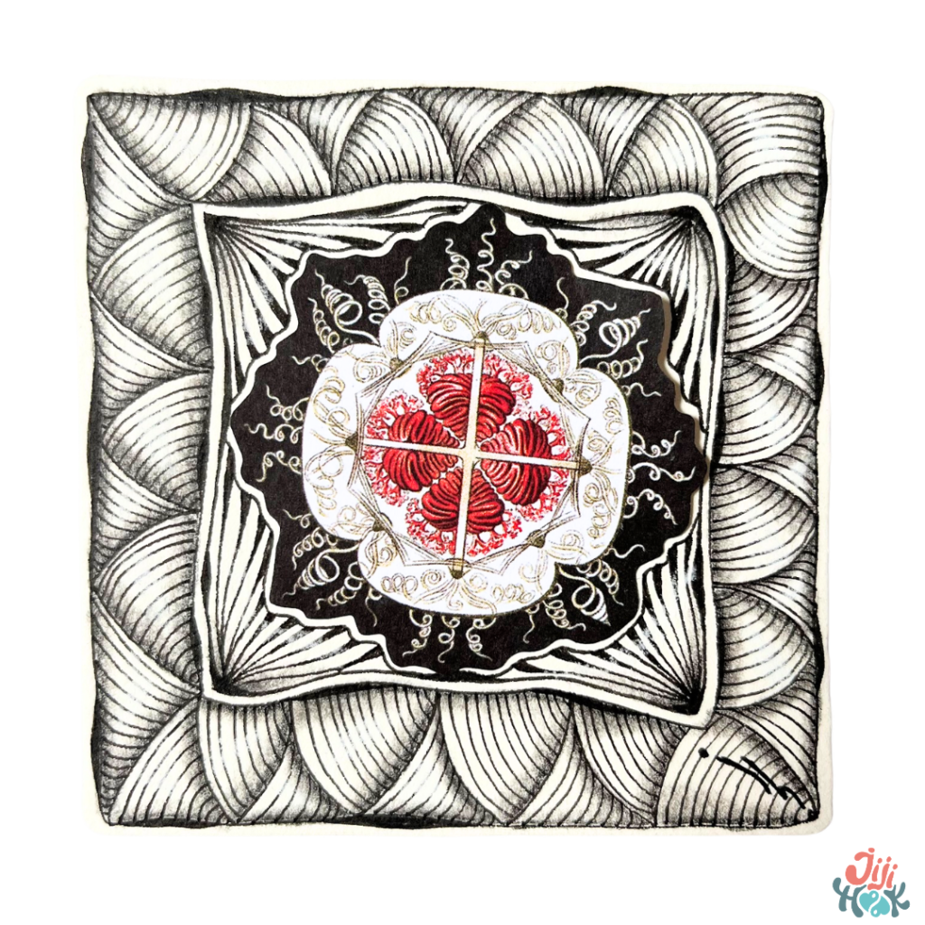 un motif zentangle carré noir et blanc et un motif fleur rouge au centre, zentangle anxiété