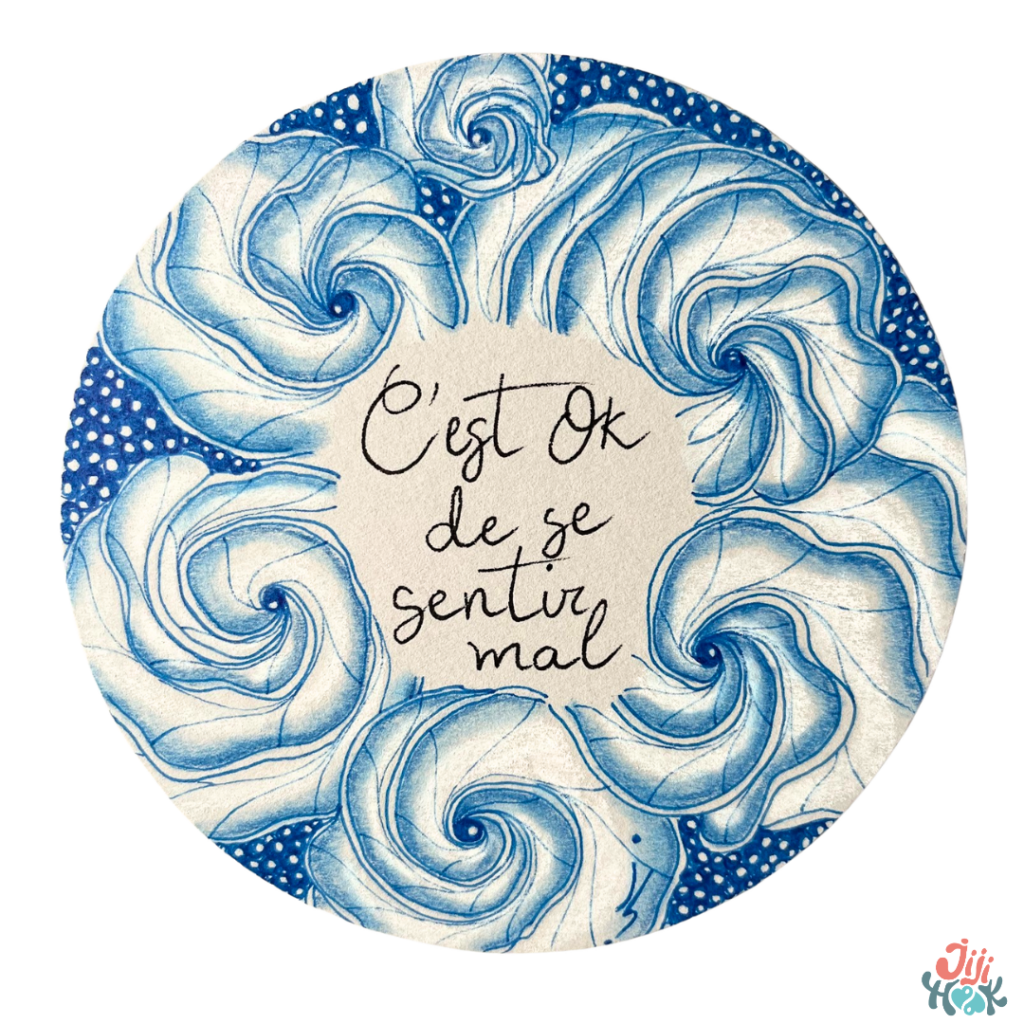 un motif Zentangle rond bleu avec un message au centre, Zentangle anxiété