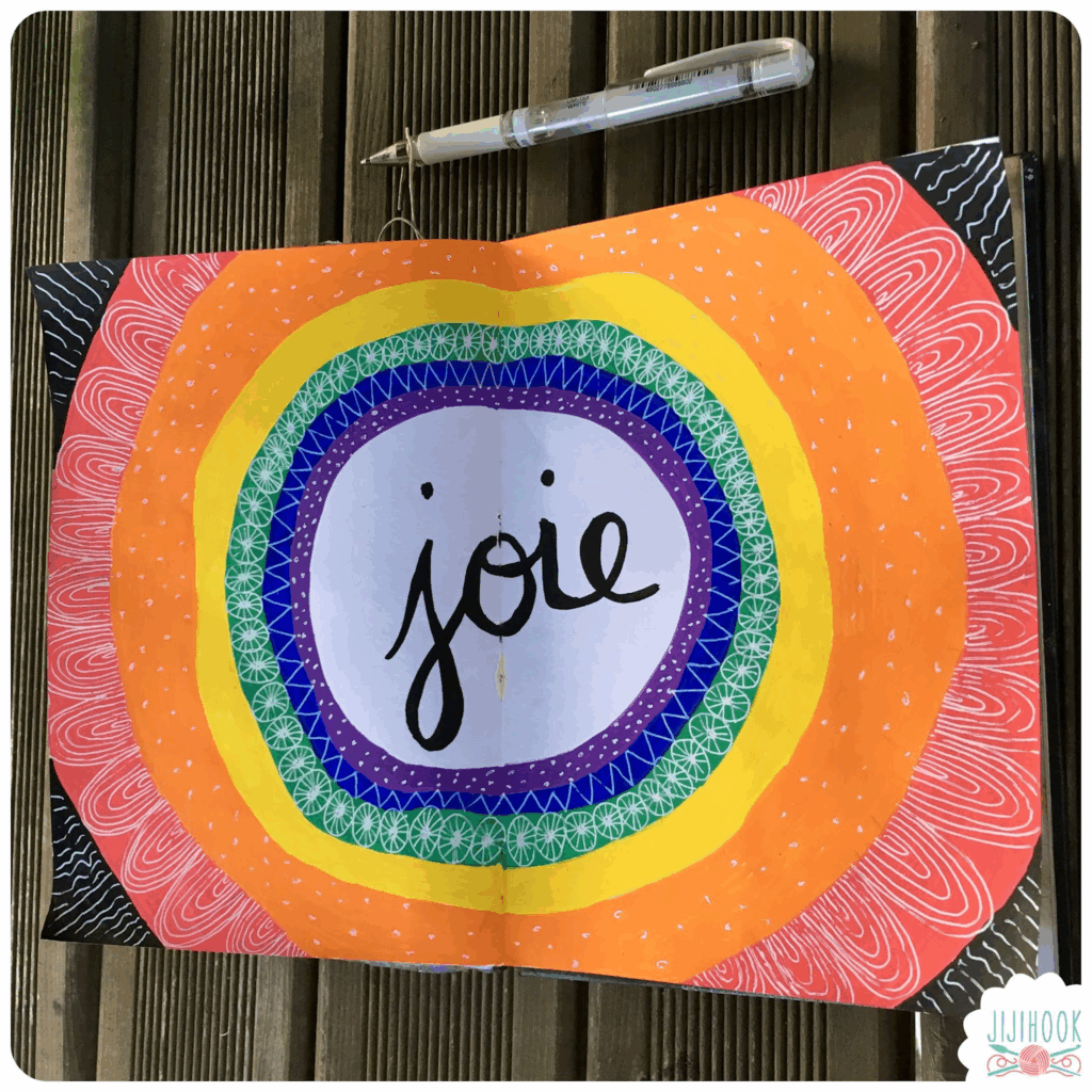 artjournal et mots : page de carnet colorée avec le mot "joie" inscrit au milieu