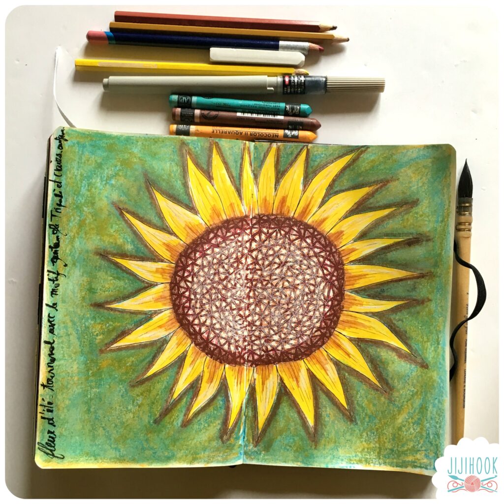 artjournal : tournesol sur fond vert dessiné sur un carnet 