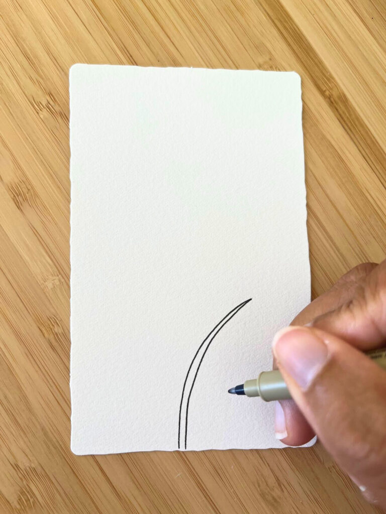 Illustration du motif Zentangle Foundabout, première tige tracée au feutre noir sur papier, tutoriel issu du blog créatif www.jijihook.fr 