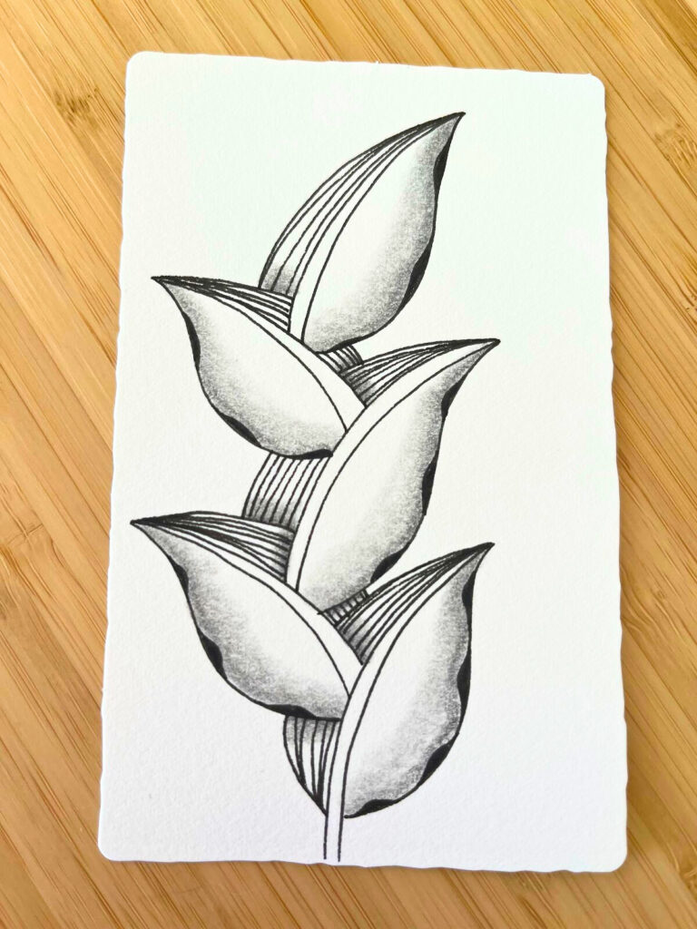 Exemple final d’un motif Zentangle combinant Foundabout et Mythograph sur papier blanc, publié sur le blog Jijihook.