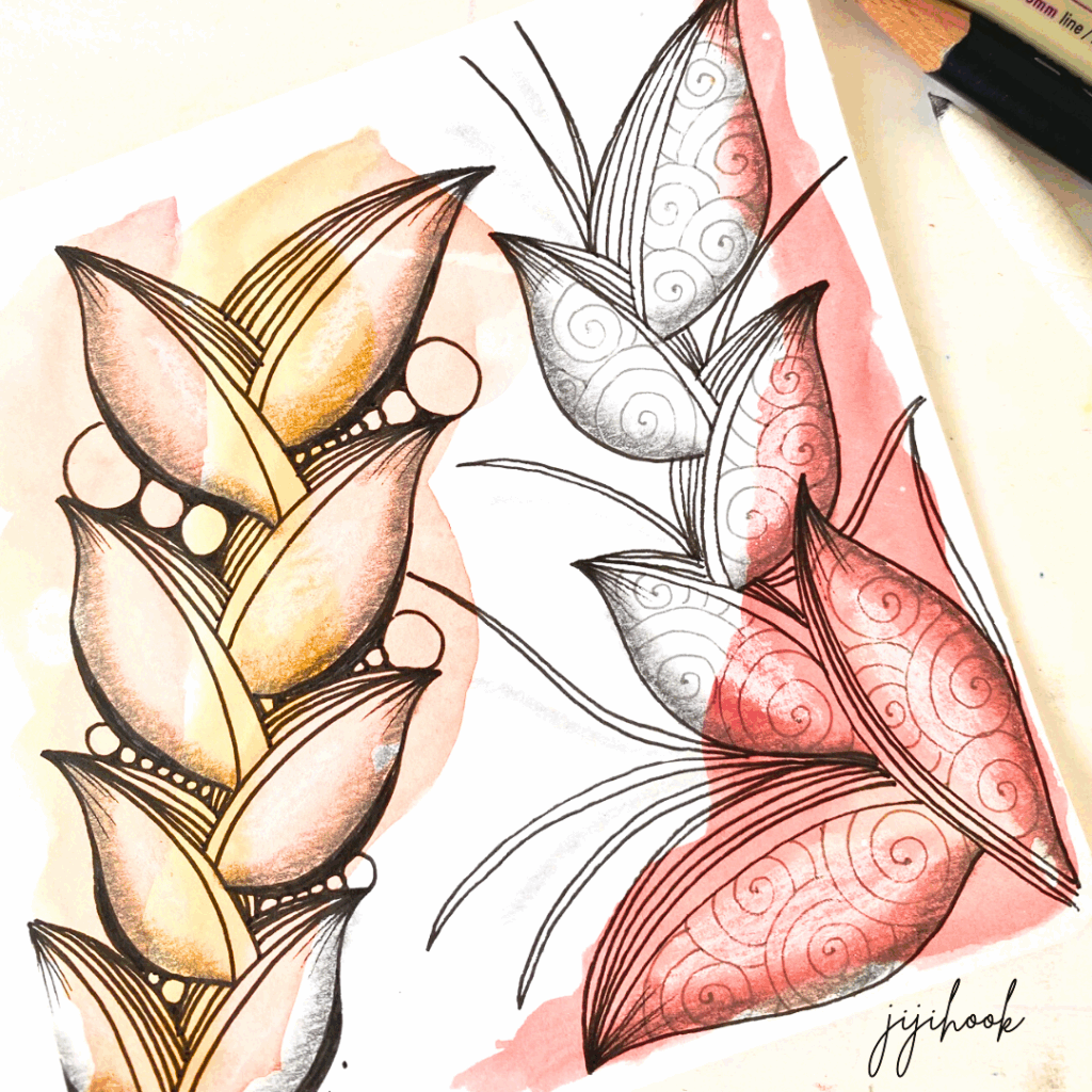 Illustration d’un Zentangle coloré à l’aquarelle, motif Printemps, tutoriel créatif partagé sur www.jijihook.fr