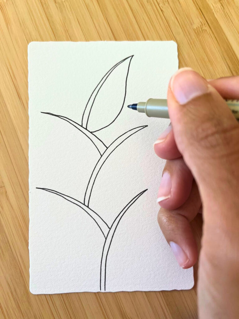 Illustration d’une première feuille tracée à l’extrémité d’une tige du motif Foundabout, tutoriel artistique -  www.jijihook.fr