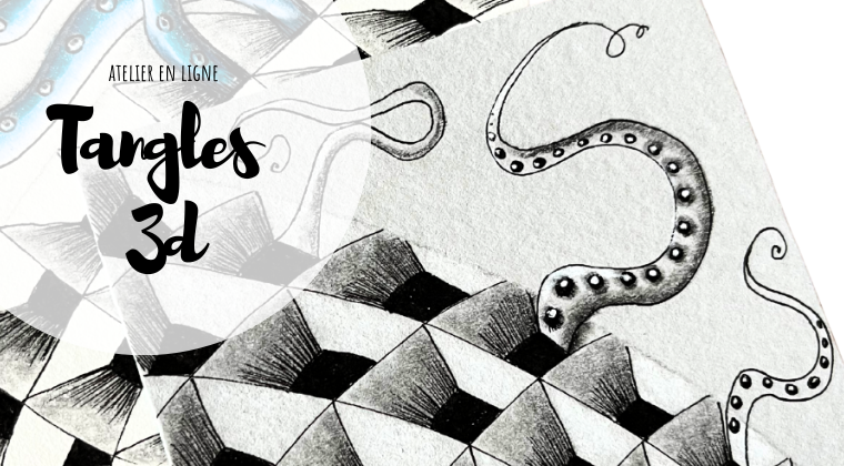 Illustration en noir et blanc de tangles 3D avec effets d’ombres et tentacules stylisées — atelier de dessin créatif en ligne proposé par Jijihook, spécial Zentangle et illusions de volume.