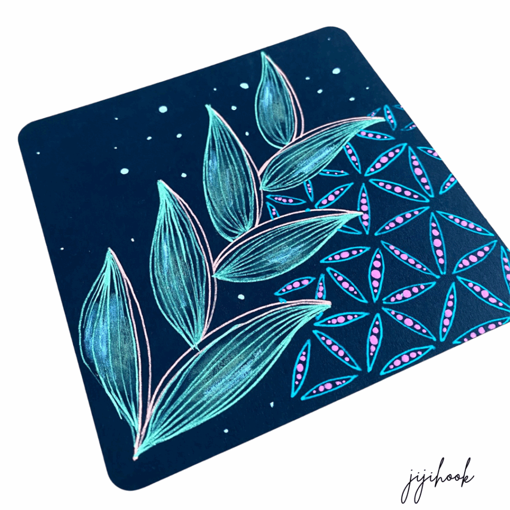 Image d’un Zentangle sur papier noir réalisé avec stylos Gelly Roll, motif Quandary - www.jijihook.fr