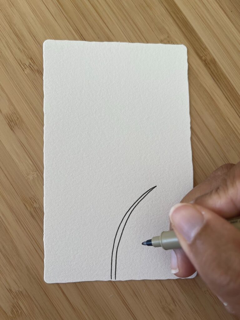 Illustration du motif Zentangle Foundabout, première tige tracée au feutre noir sur papier, tutoriel issu du blog créatif www.jijihook.fr 