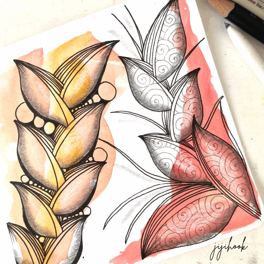 Illustration d’un Zentangle coloré à l’aquarelle, motif Printemps, tutoriel créatif partagé sur www.jijihook.fr