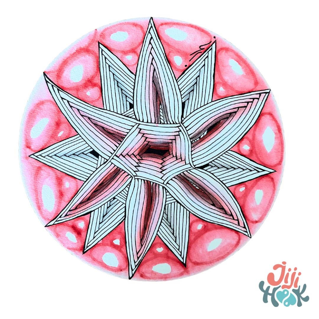 Dessin Zentangle floral en forme d’étoile, motifs détaillés en lignes noires et ombrages roses, créé par Jijihook, art méditatif et relaxation créative.