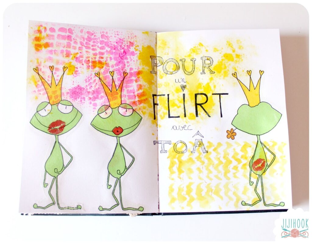 Page d’art journal colorée avec personnages illustrés, textures et écriture, mêlant dessin intuitif, créativité libre et expression personnelle.