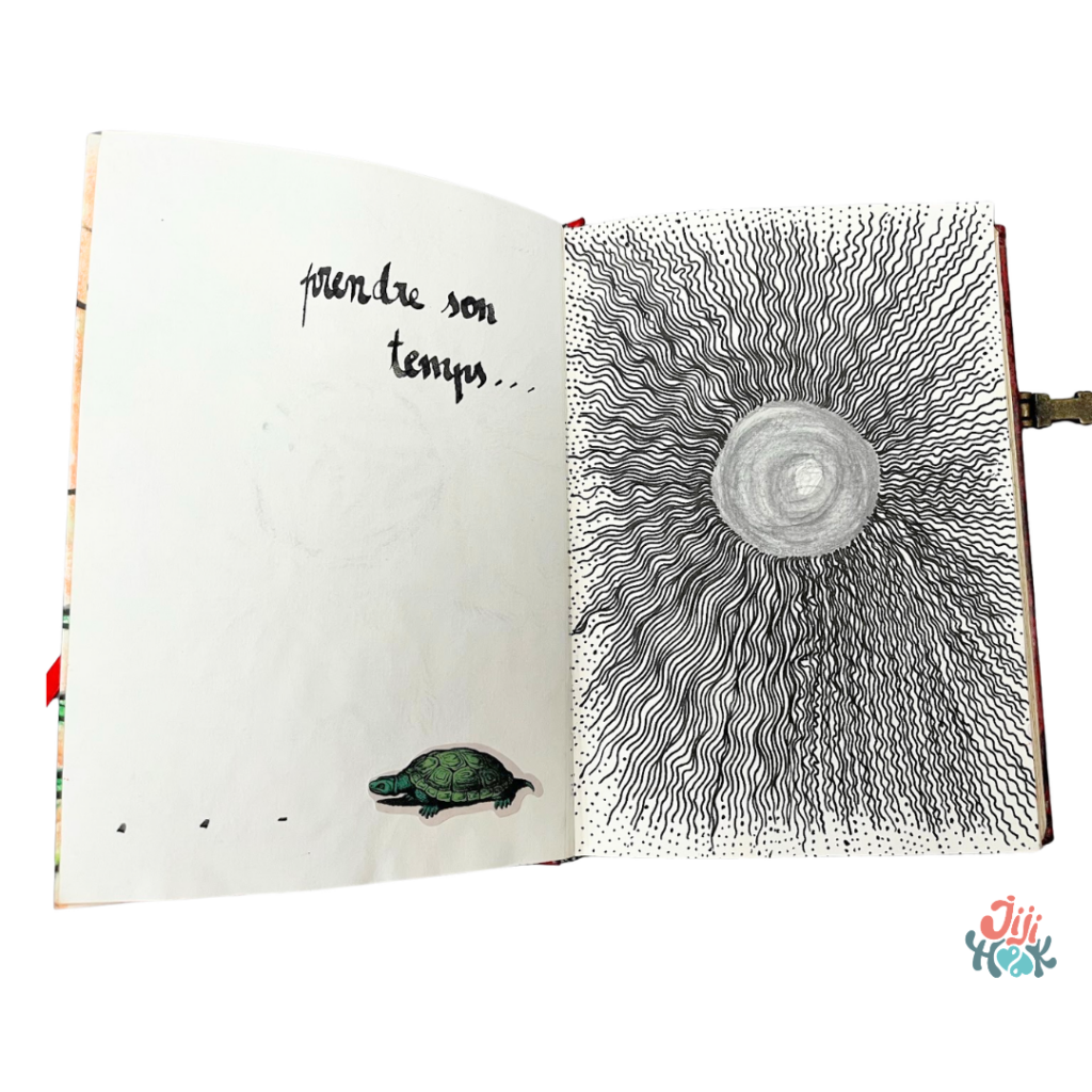 Zentangle & pleine conscience exercice de dessin méditatif dans carnet avec motif rayonnant noir et blanc favorisant la relaxation et l’attention au moment présent