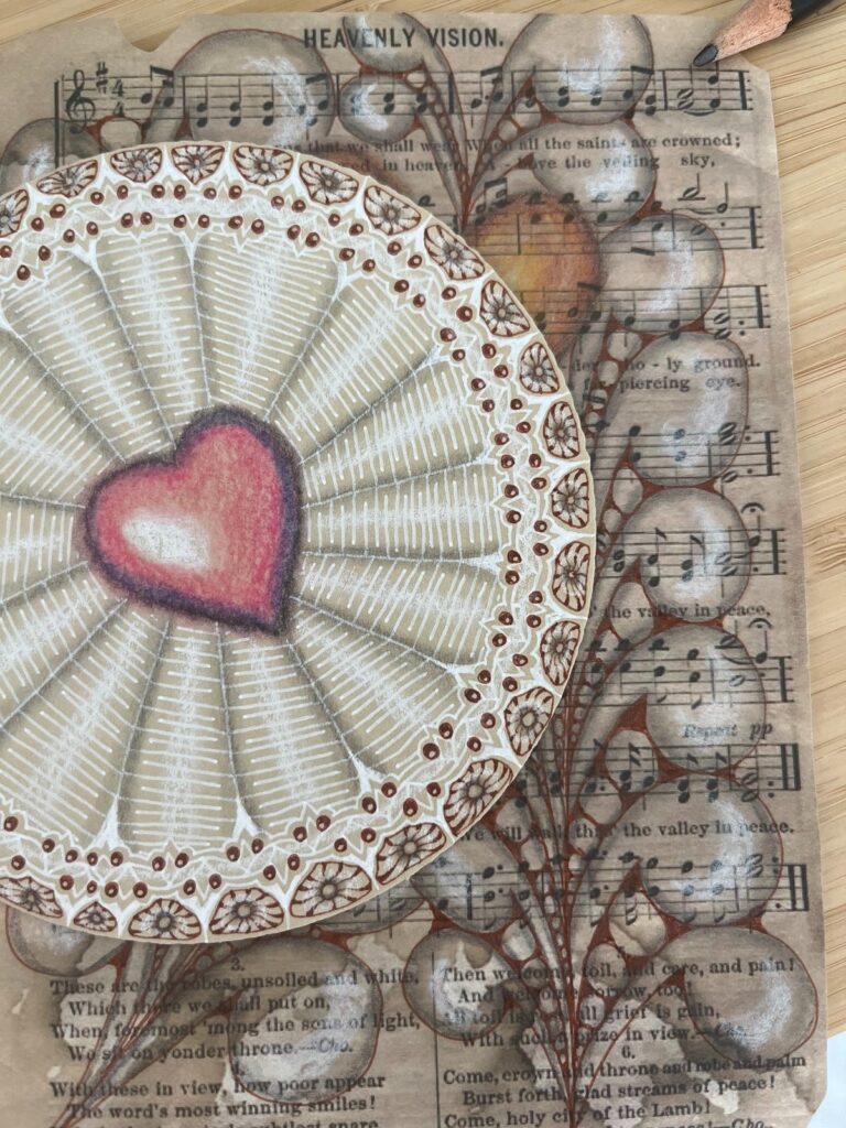 Motif Zentangle original sur partition musicale avec cœur