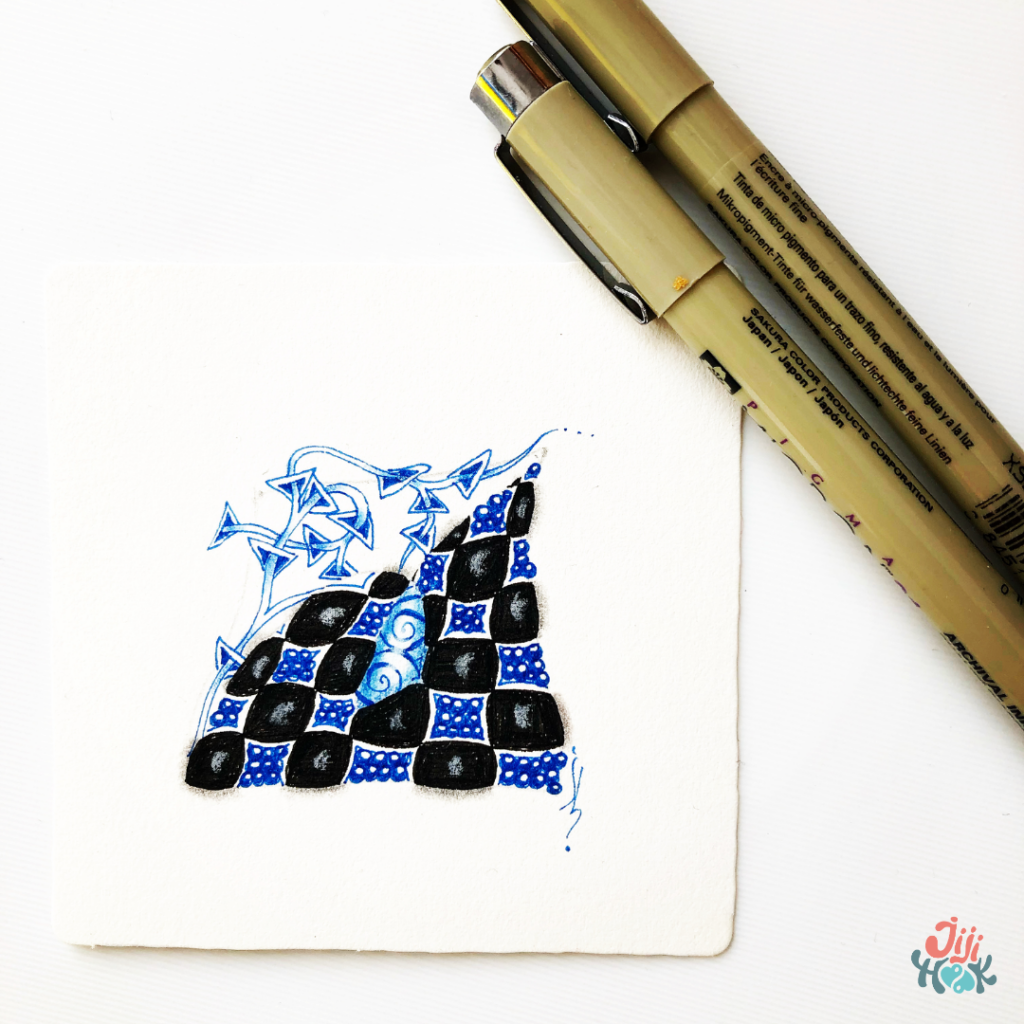 motifs Zentangle originaux dessin minimaliste bleu et noir style damier