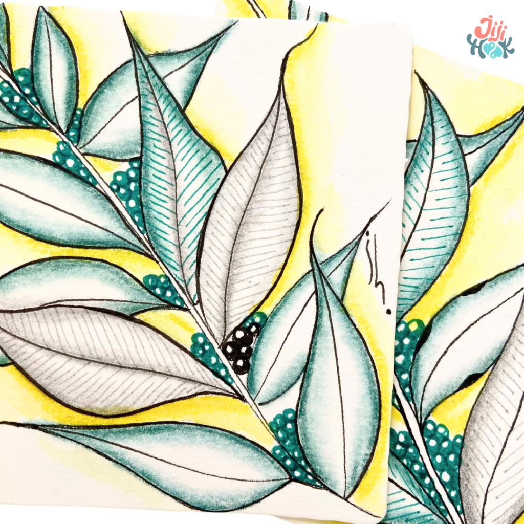 motifs Zentangle originaux style végétal avec feuilles vertes et fond jaune