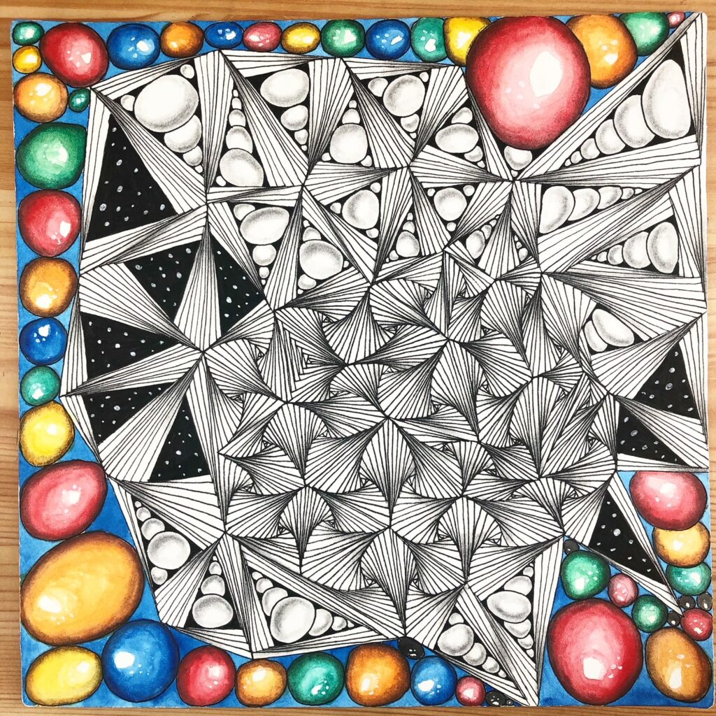 Composition géométrique de motifs Zentangle originaux avec bordure colorée