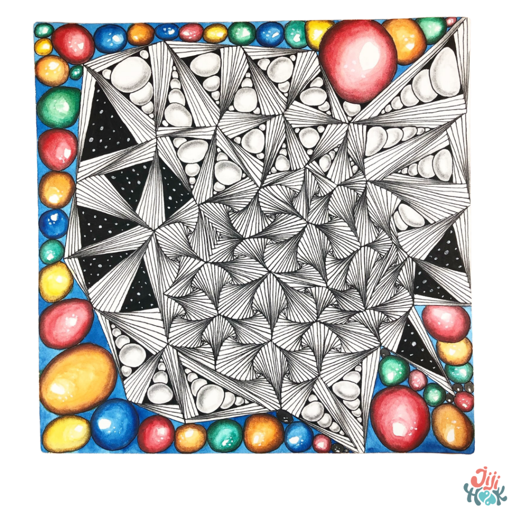 Composition géométrique de motifs Zentangle originaux avec bordure colorée