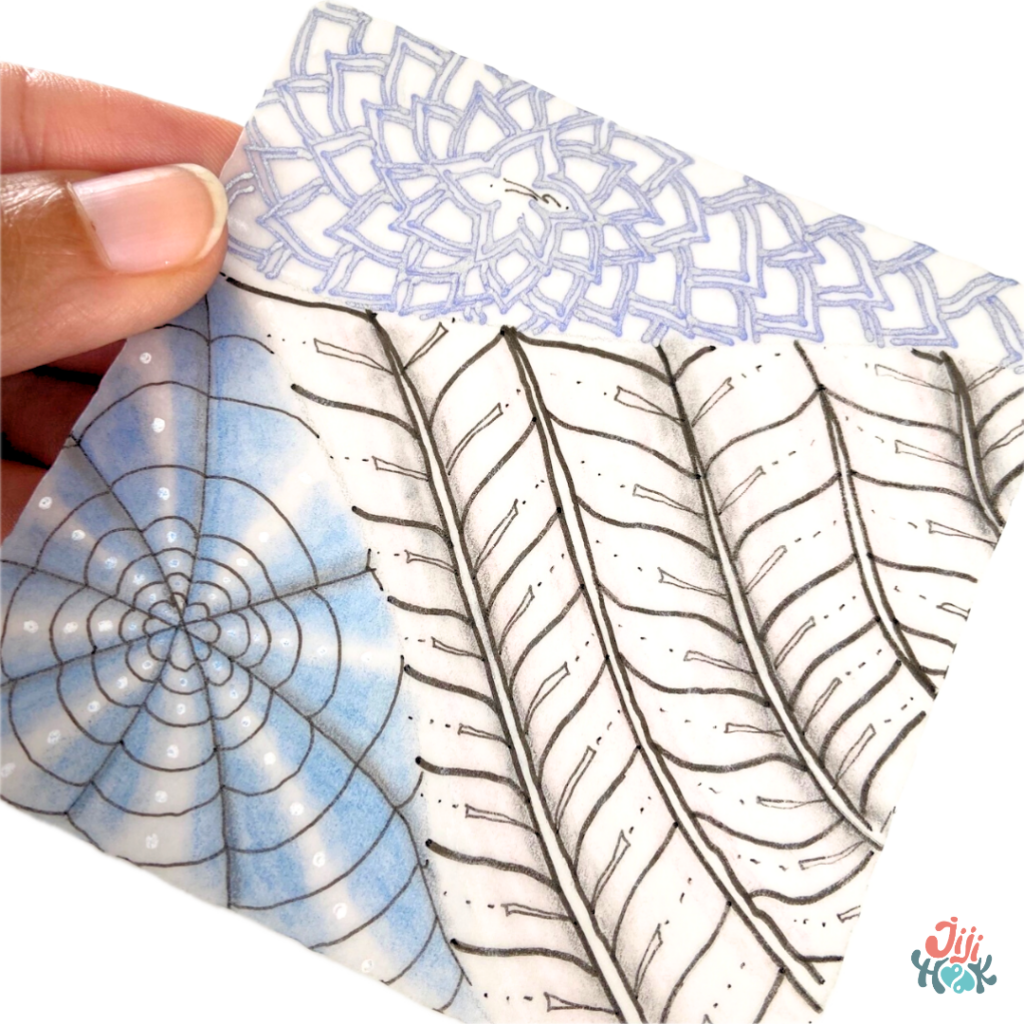 Tuile translucide Zentangle avec les motifs Cyme, Finery et Dyon