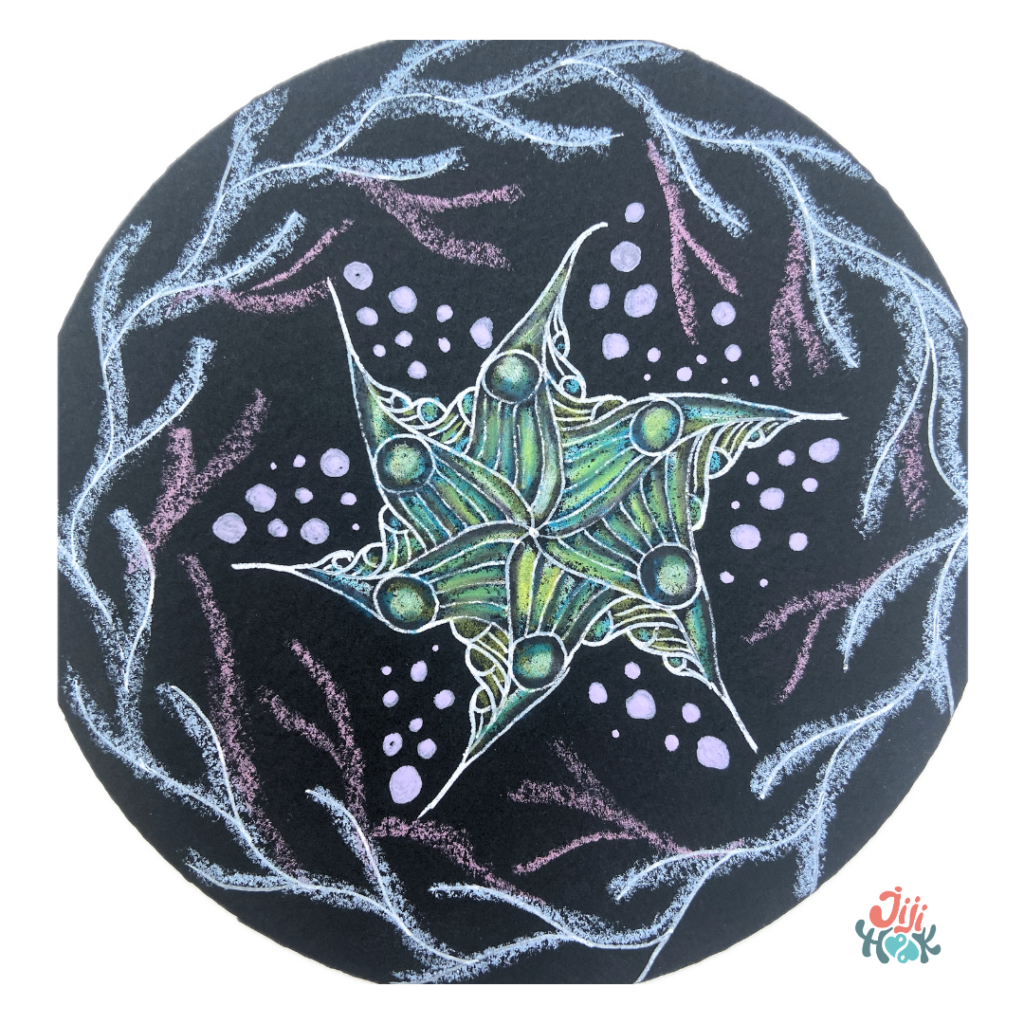 Tuile zendala noire (extrait de l’atelier Tangles aquatiques)