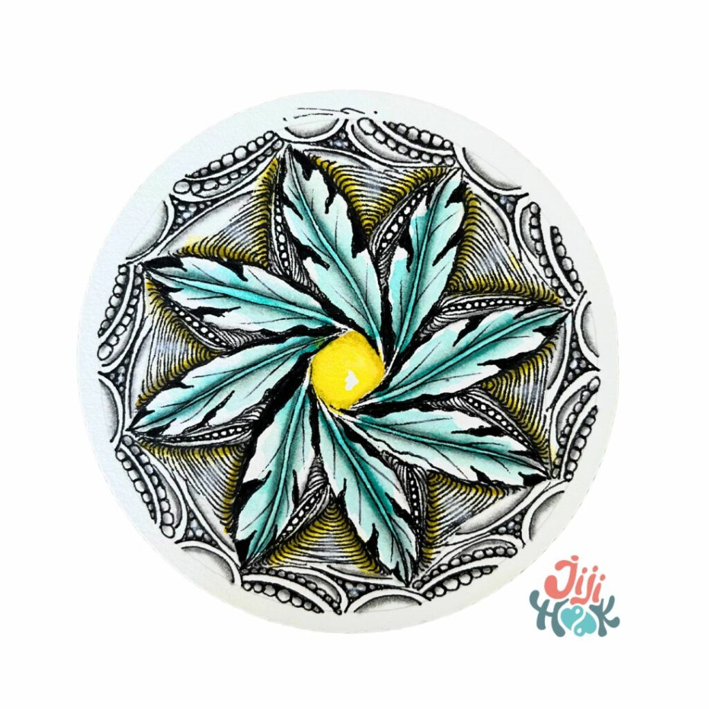 Zendala Zentangle avec motif Fragments colorés en turquoise et jaune – exemple de tangle organique inspiré de la nature, extrait d'un atelier JijiHook