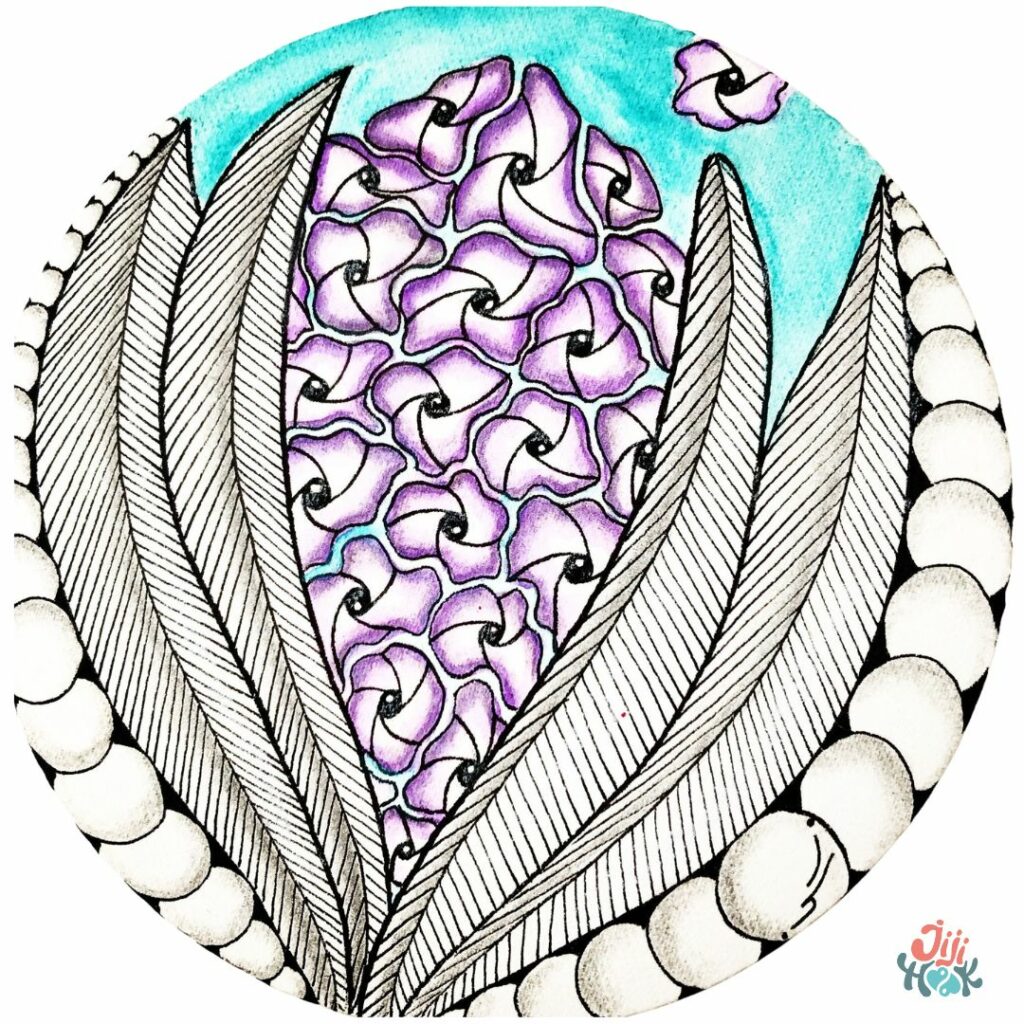 Zendala Zentangle associant le motif Meer et des variations de fragments en violet et turquoise – exemple de tangle organique avec ombres et couleurs aquarellables, par JijiHook