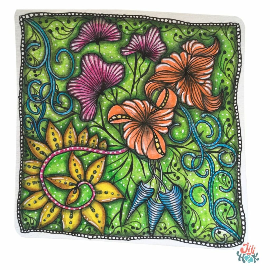 Création Zentangle nature aux couleurs vives inspirée du jardin – fleurs et motifs organiques au feutre et crayons aquarellables, par JijiHook