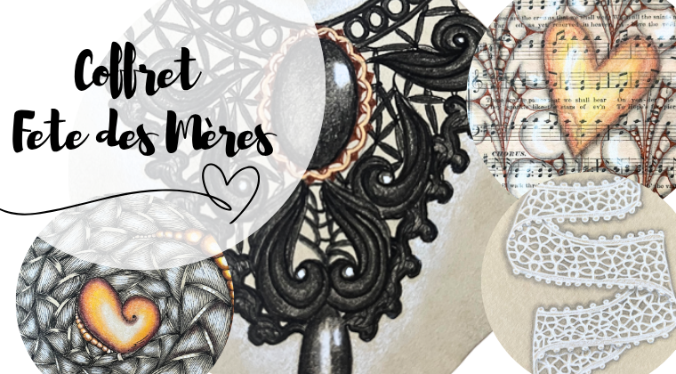Visuel du coffret créatif Fête des Mères avec Jijihook comprenant les ateliers Dentelle Zentangle, Amour sans limites et Zen en 15 minutes – idée cadeau fête des mères original