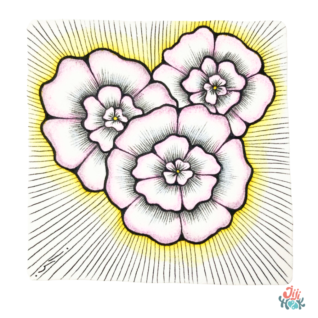Dessin Zentangle de fleurs de cerisier roses sur fond aquarelle bleu et jaune avec motifs géométriques – atelier créatif bien-être cadeau fête des mères