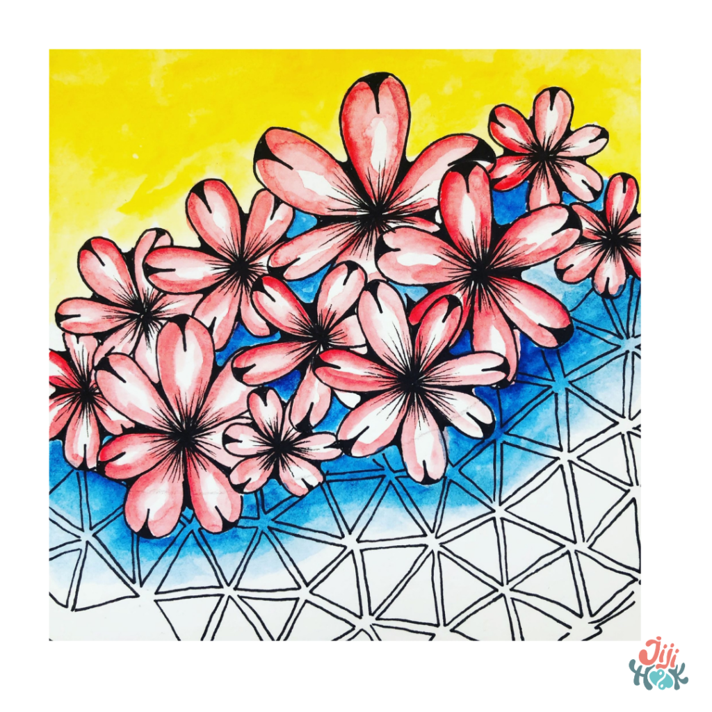 Dessin Zentangle de fleurs de cerisier roses sur fond aquarelle bleu et jaune avec motifs géométriques – atelier créatif bien-être cadeau fête des mères