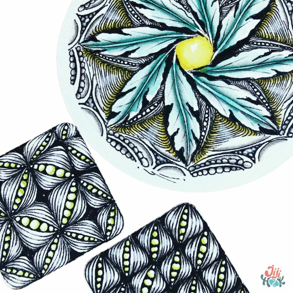 Fragment Zentangle coloré réalisé dans un réticule lors de l'atelier Fragments colorés