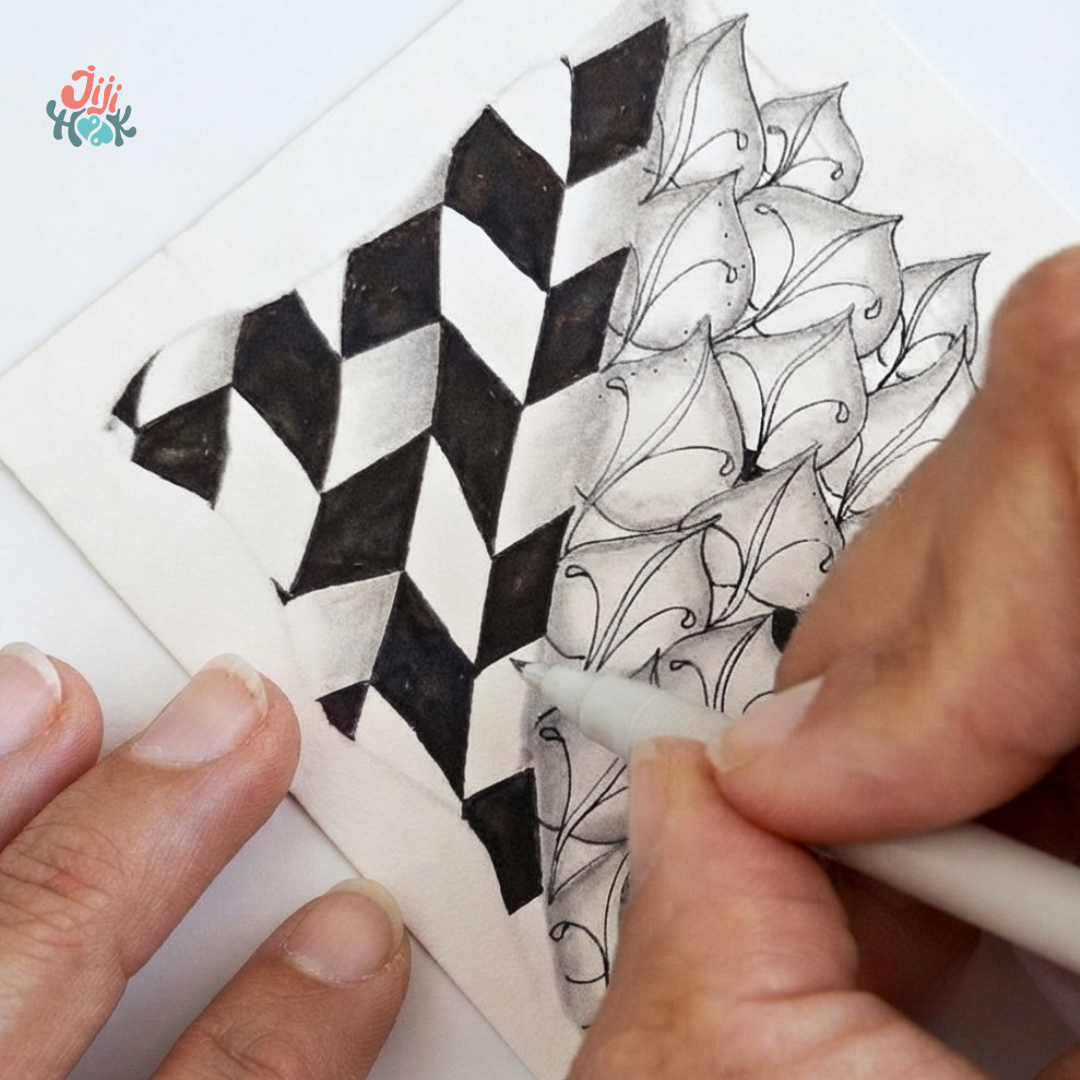 remplissage des ombres sur un motif zentangle jonqal 